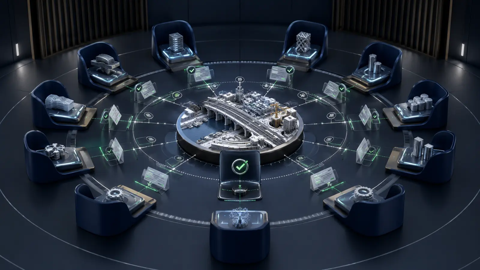 Governed specialist AI council reviewing project evidence with human approval.