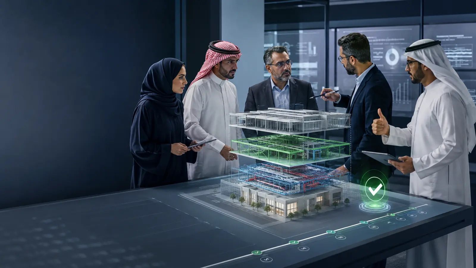 Multidisciplinary team coordinating a governed federated BIM model.