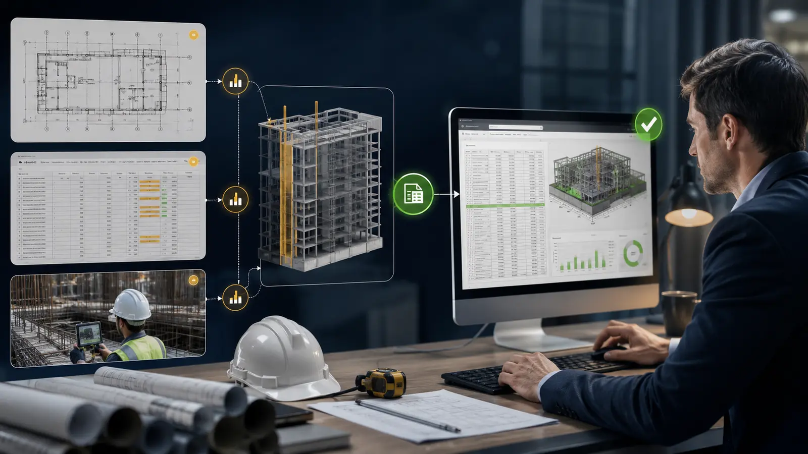 Drawings, spreadsheets, field evidence and BIM reconciled into verified quantities.
