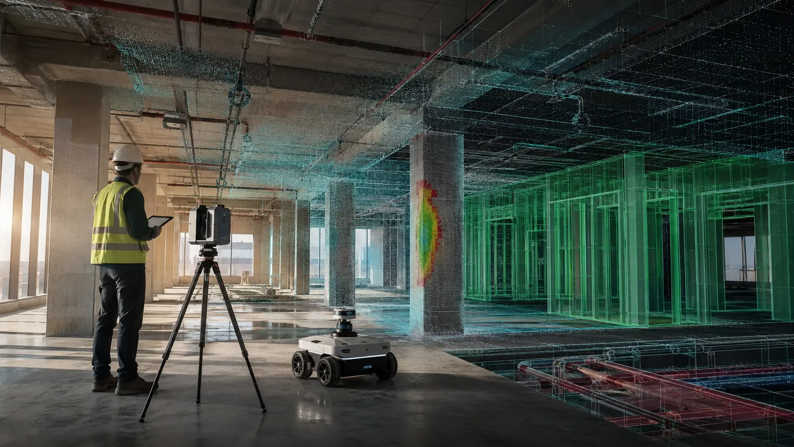 Engineer, laser scanner and site robot verifying as-built conditions against BIM.